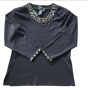 Vintage Gardy Black Beaded Tunic Top Medium Knit Embellished Whimsygoth NEW
